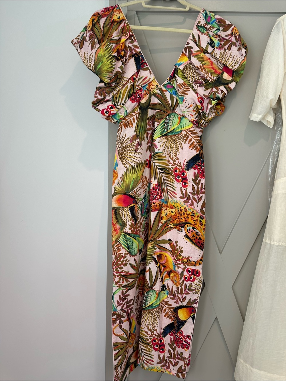 Tropical Print Pink V-Neck Ruffle Maxi Dress